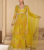 Yellow embroidered georgette free size stitched gown.