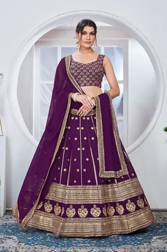 Women's Wine faux georgette embroidered lehenga choli for Wedding
