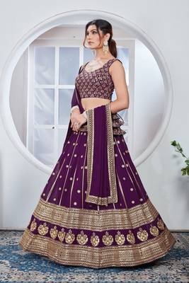 Women's Wine faux georgette embroidered lehenga choli for Wedding 3