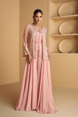 Pink embroidered georgette free size stitched blouse palazzo suit 1
