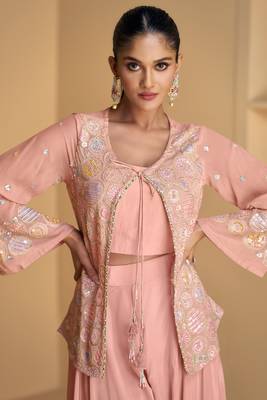 Pink embroidered georgette free size stitched blouse palazzo suit 2