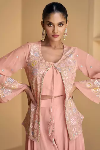Pink embroidered georgette free size stitched blouse palazzo suit