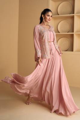 Pink embroidered georgette free size stitched blouse palazzo suit 3