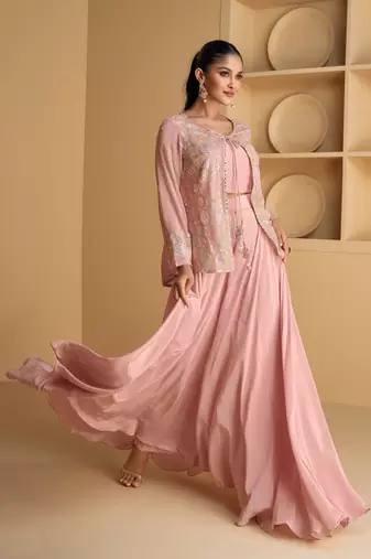 Pink embroidered georgette free size stitched blouse palazzo suit