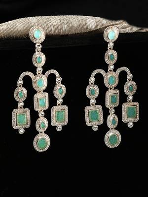 Gold plated victorian mint green cz stone long earrings 1