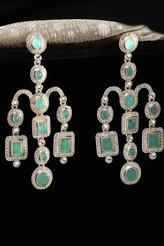 Gold plated victorian mint green cz stone long earrings
