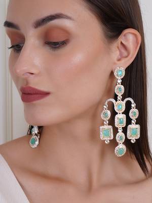 Gold plated victorian mint green cz stone long earrings 2