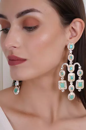 Gold plated victorian mint green cz stone long earrings