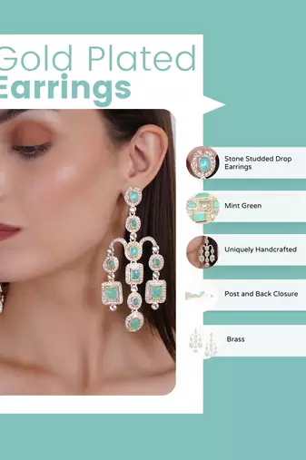 Gold plated victorian mint green cz stone long earrings