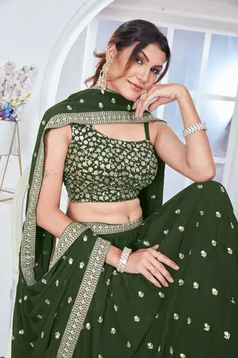 Women's Green faux georgette sequence thread work wedding lehenga choli for wedding function