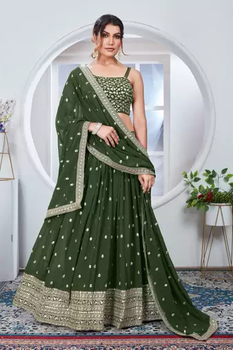 Women's Green faux georgette sequence thread work wedding lehenga choli for wedding function