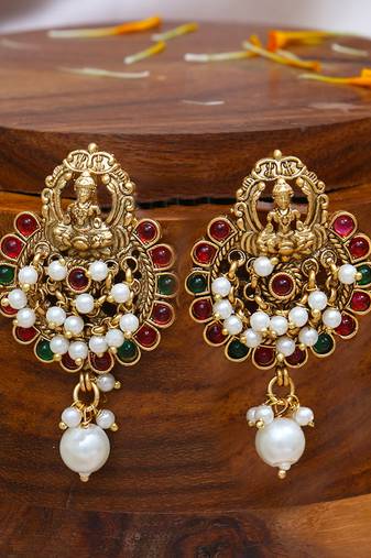 Gold plated traditional stone studded laxmi design earrings
