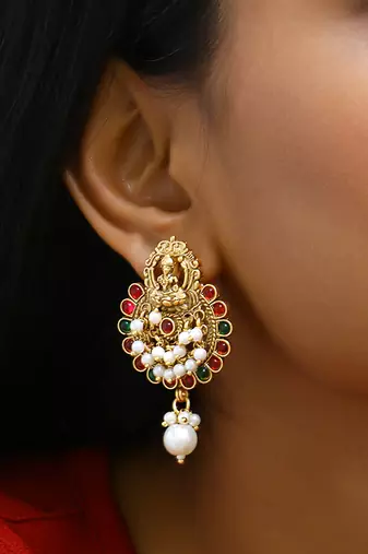 Gold plated traditional stone studded laxmi design earrings