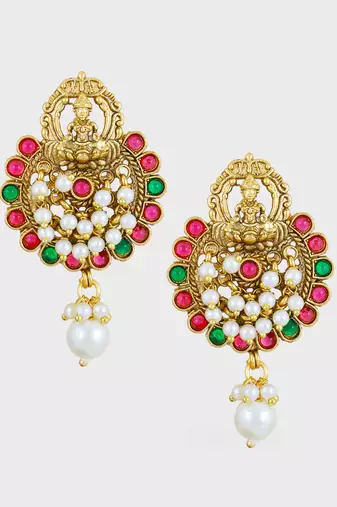 Gold plated traditional stone studded laxmi design earrings