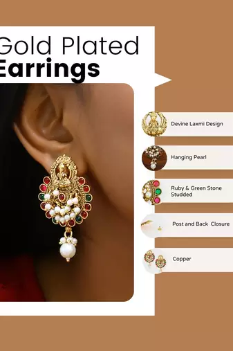 Gold plated traditional stone studded laxmi design earrings