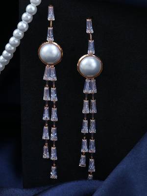 Rose gold plated stone and pearl studded drop earrings 1