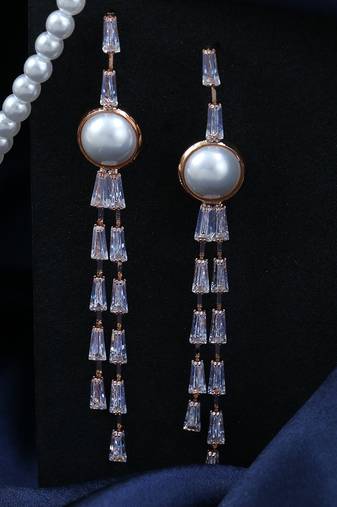 Rose gold plated stone and pearl studded drop earrings