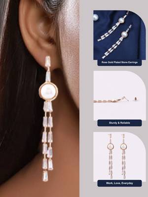Rose gold plated stone and pearl studded drop earrings 2