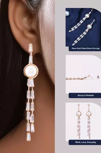 Rose gold plated stone and pearl studded drop earrings