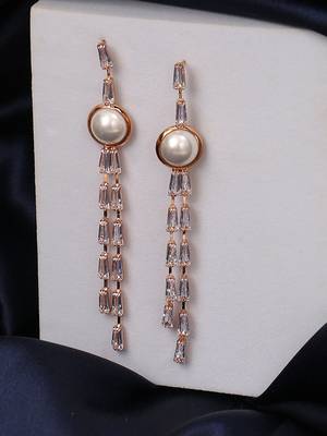 Rose gold plated stone and pearl studded drop earrings 4