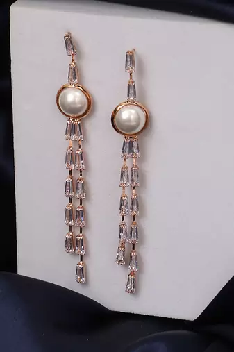 Rose gold plated stone and pearl studded drop earrings