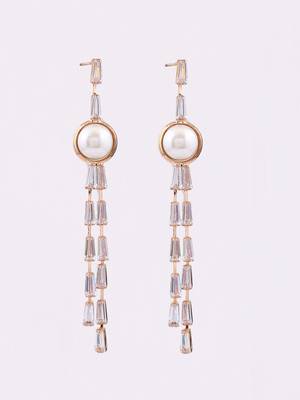 Rose gold plated stone and pearl studded drop earrings 5