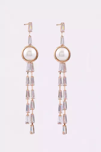 Rose gold plated stone and pearl studded drop earrings