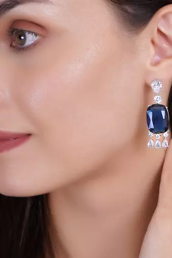 Women rohdium-plated stone-studded drop earrings
