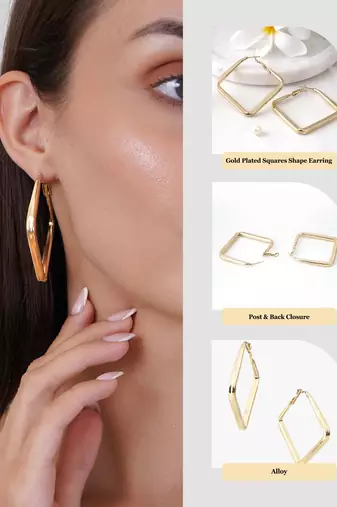Gold plated square shape contemporary hoop earrings