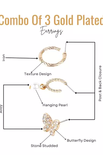 Gold plated set of 3 contemporary earrings set