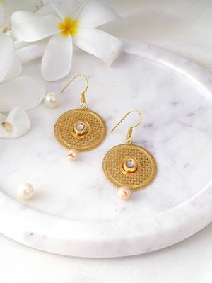Gold plated mandala design pearl tessel earrings 1