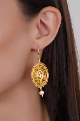 Gold plated mandala design pearl tessel earrings