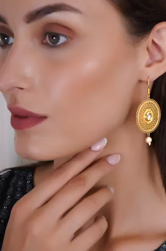 Gold plated mandala design pearl tessel earrings