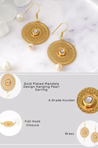 Gold plated mandala design pearl tessel earrings