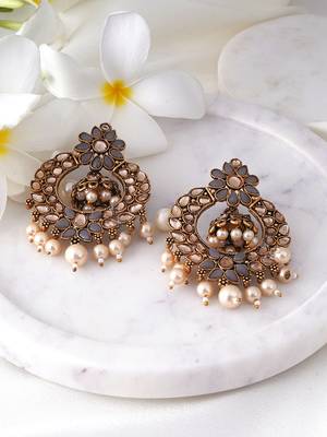 Grey & gold-toned floral design traditional earrings 1