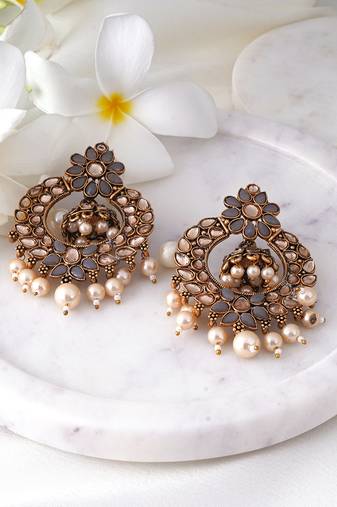Grey & gold-toned floral design traditional earrings