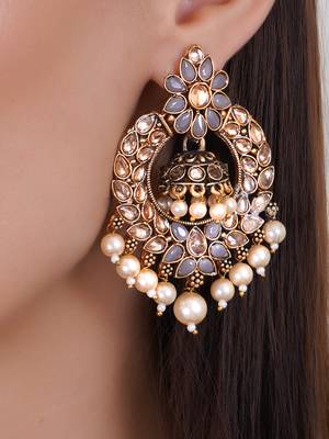 Grey & gold-toned floral design traditional earrings 2