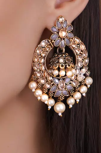 Grey & gold-toned floral design traditional earrings