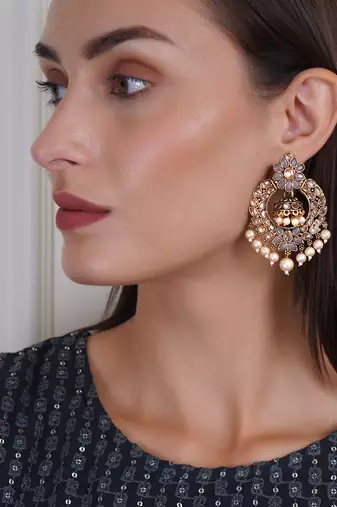 Grey & gold-toned floral design traditional earrings