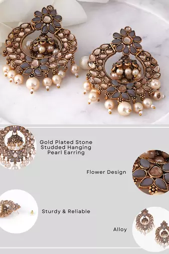 Grey & gold-toned floral design traditional earrings