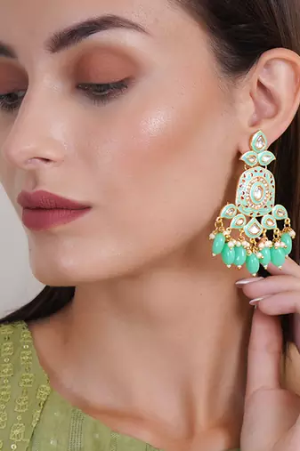 Gold plated traditional kundan and pearl drop earrings