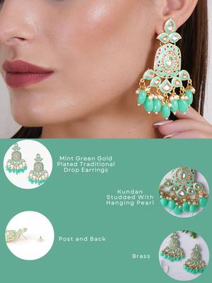 Gold plated traditional kundan and pearl drop earrings 5