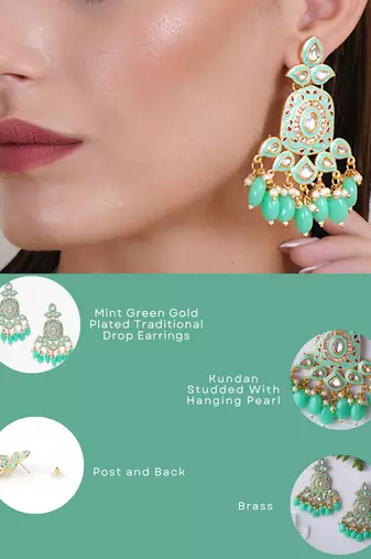 Gold plated traditional kundan and pearl drop earrings