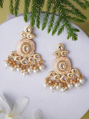 Gold plated traditional kundan and pearl drop earrings 1