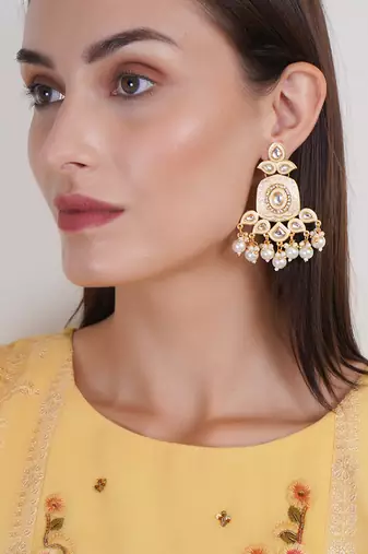 Gold plated traditional kundan and pearl drop earrings