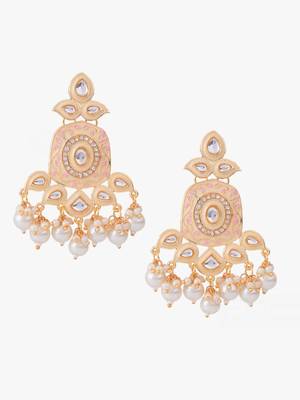 Gold plated traditional kundan and pearl drop earrings 3