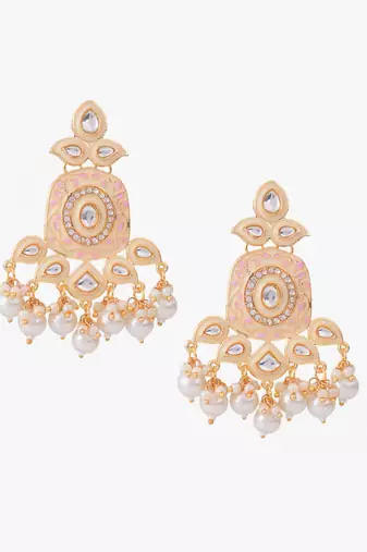 Gold plated traditional kundan and pearl drop earrings