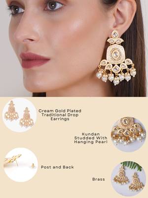 Gold plated traditional kundan and pearl drop earrings 5