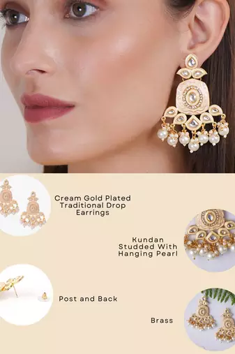 Gold plated traditional kundan and pearl drop earrings