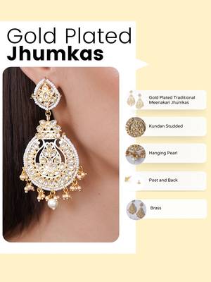 Gold plated traditional kundan studded dangler earrings 5